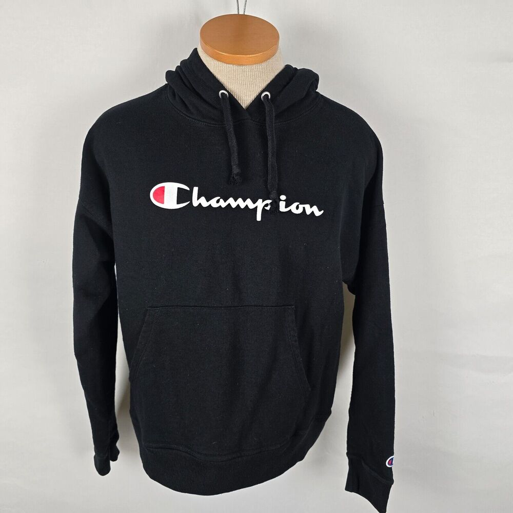 Champion Hoodie Men's Medium Black Drawstring Long Sleeve Logo